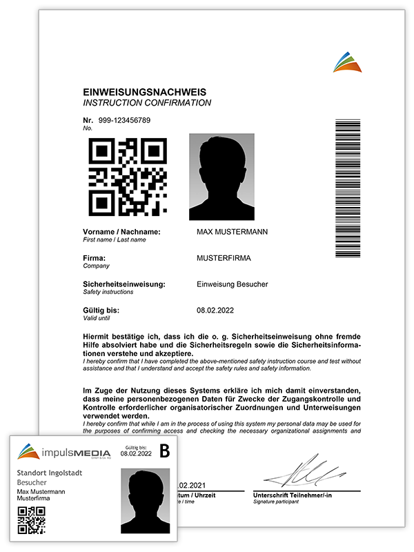 Beispiele für Ausweiskarte und Papierzertifikat