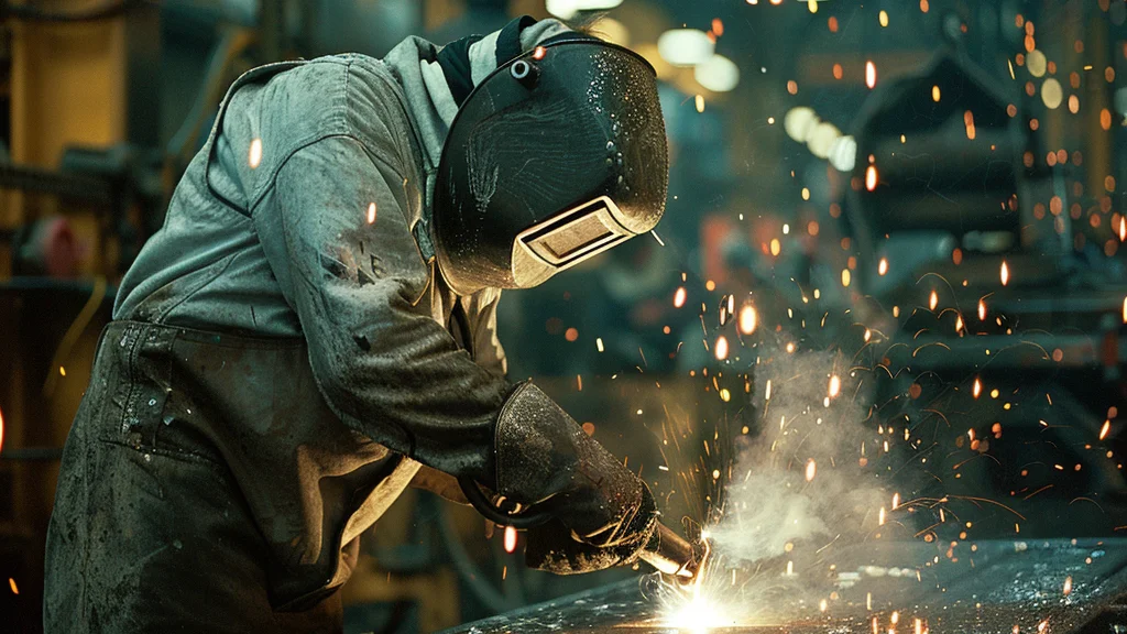 Mit MidJourney erstelltes Bild eines Schweissers bei der Arbeit 